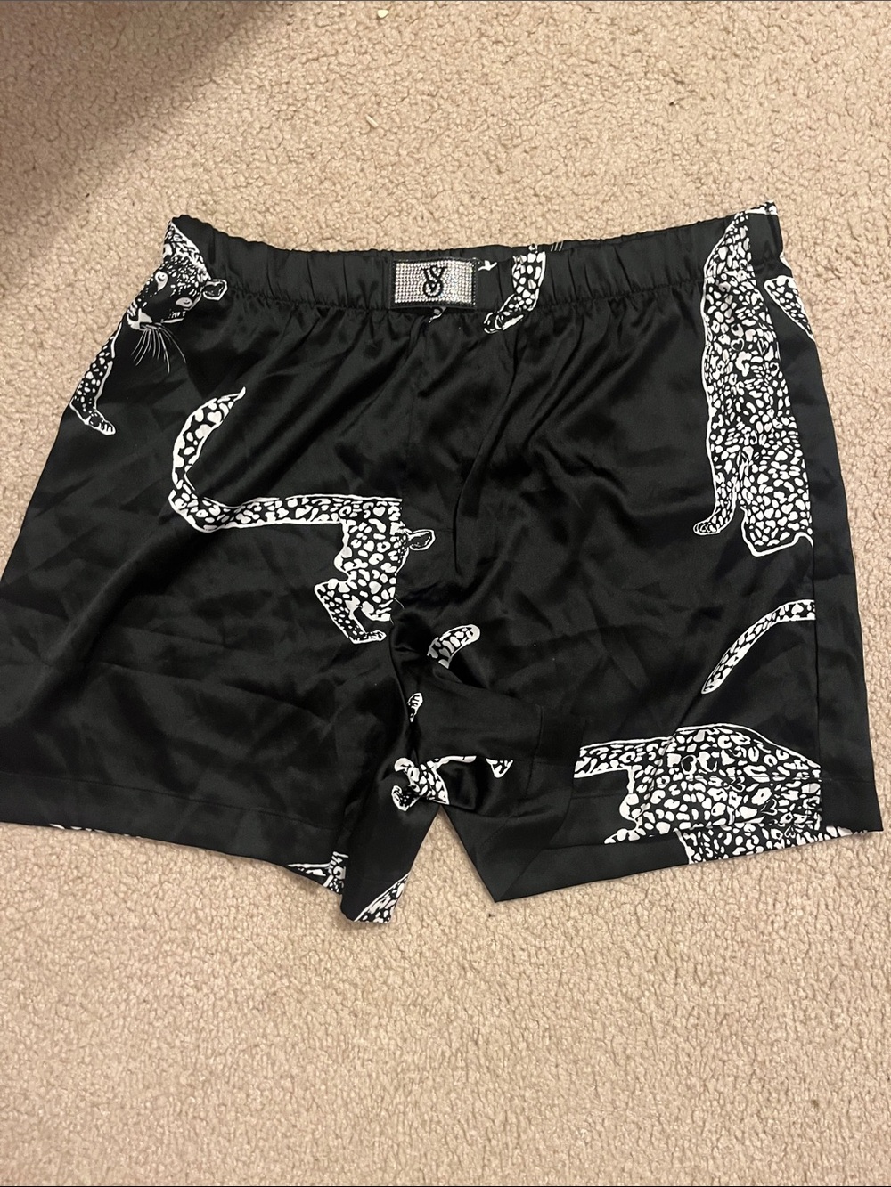 Victoria's Secret Black Satin Pajama Shorts with White Leopard Print